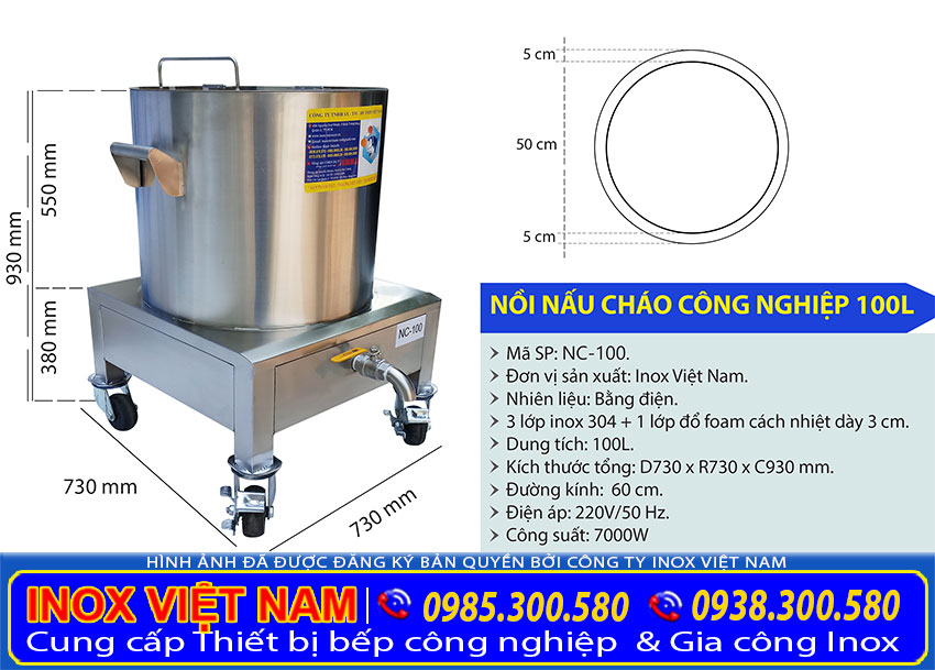 kich thuoc noi nau chao bang dien 100l 1 - Nồi Điện Nấu Cháo Công Nghiệp 100 Lít NC-100