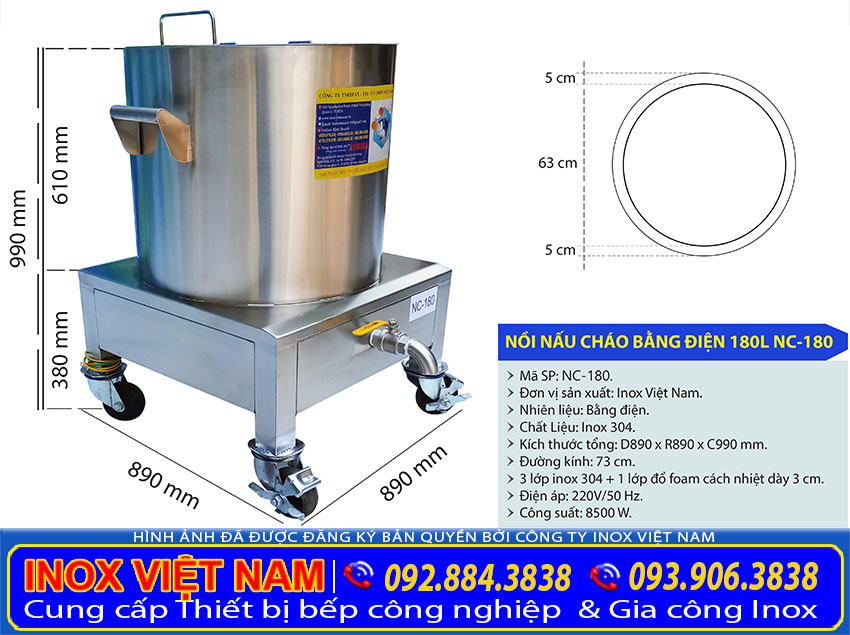 kich thuoc noi nau chao bang dien 180l - Nồi Nấu Cháo Bằng Điện 180L NC-180