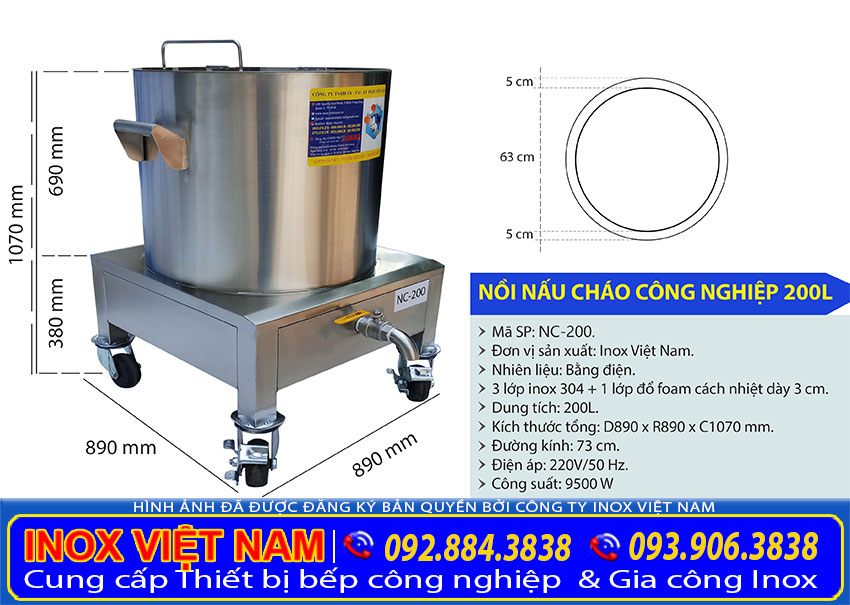 kich thuoc noi nau chao bang dien 200l - Nồi Nấu Cháo Bằng Điện Công Nghiệp 200L NC-200