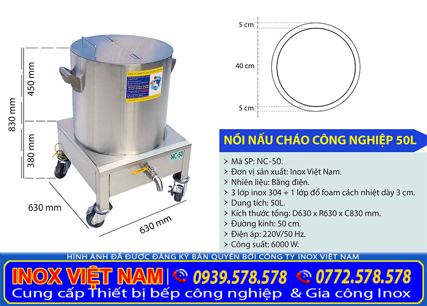 ty le kich thuoc noi nau chao cong nghiep NC 50 - Nồi Nấu Cháo Công Nghiệp 50L NC-50